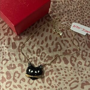 Betsey Johnson Black and Gold Cat Pendant Necklace
